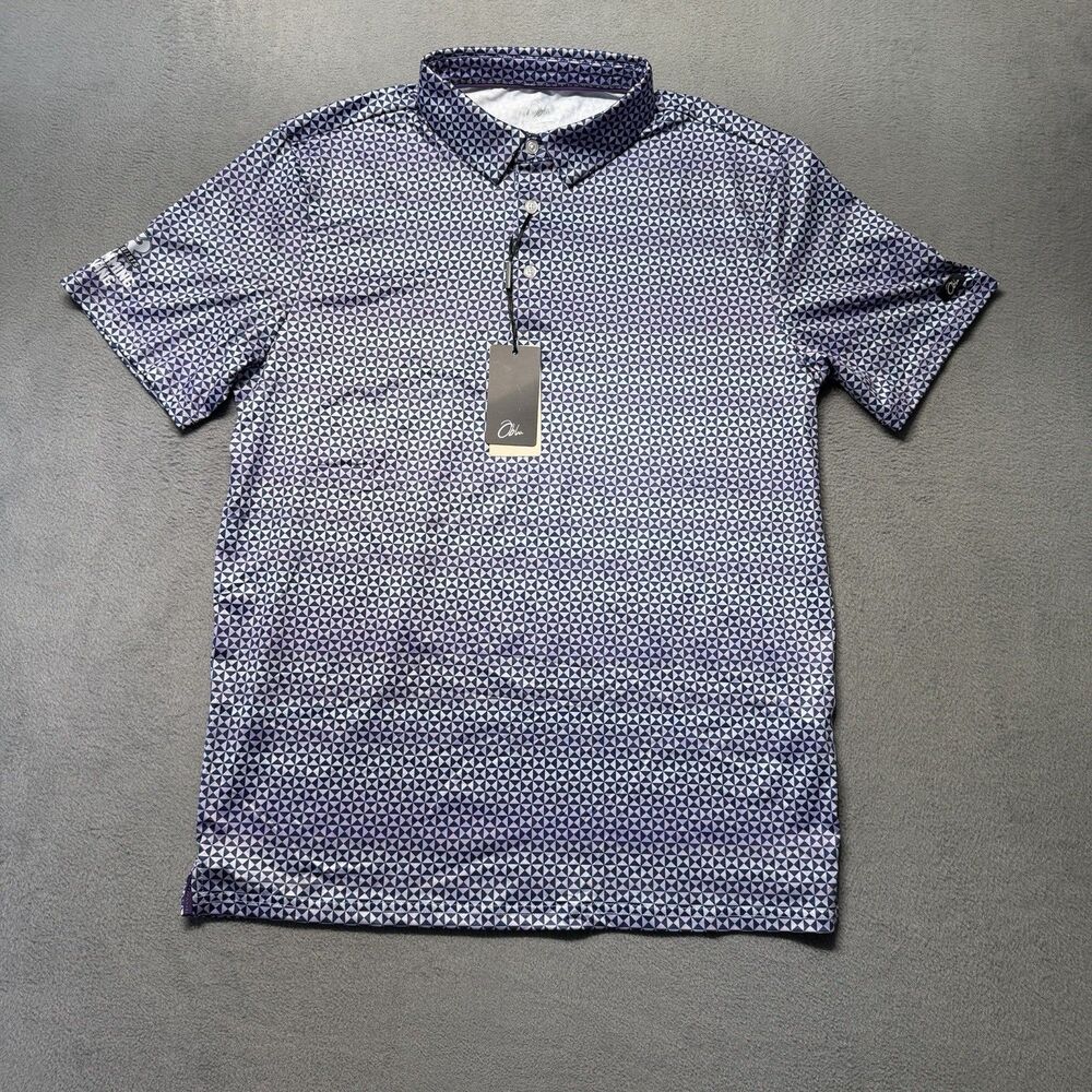 Obla Mens M Performance Polo Shirt Purple Geometric Stretch Golf Swim Logo NWT